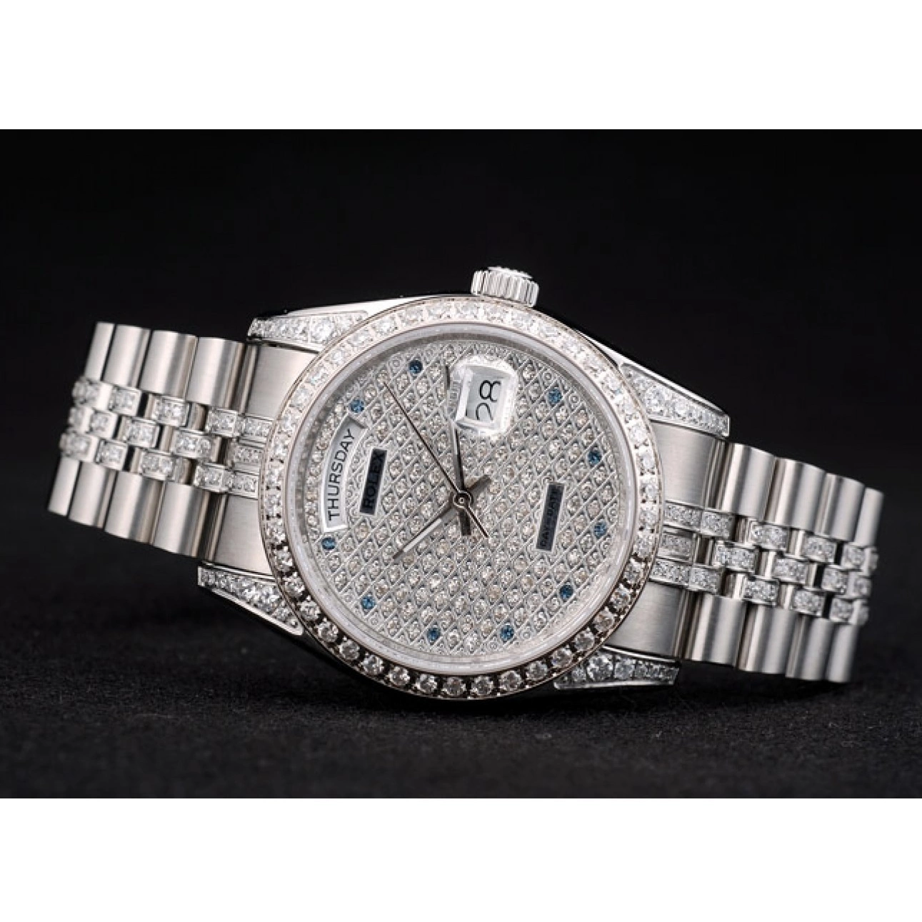 Aaa replica watch Plated Plated Steel Rolex Stainless Bracelet Dial Diamond Diamond DayDate 41985 0519